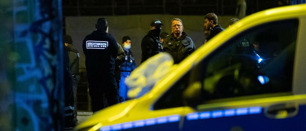 Polizisten und Kriminaltechniker stehen im Monbijoupark in Berlin-Mitte.