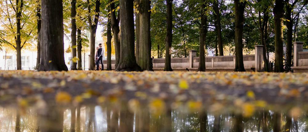 Zwei Passanten gehen nahe des Brandenburger Tors zwischen Bäumen (Symbolfoto).