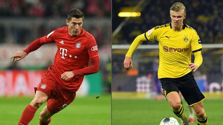 Wer trifft öfter im Topspiel: Robert Lewandowski (l.) oder Erling Haaland (r.)?
