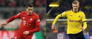 Wer trifft öfter im Topspiel: Robert Lewandowski (l.) oder Erling Haaland (r.)?