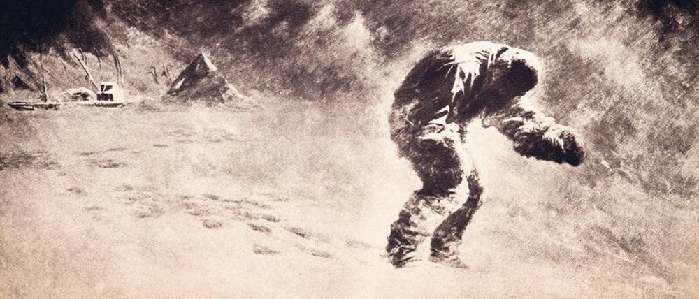 Ein Mann verschwindet. Der Polarforscher Lawrence Oates macht sich aus seinem Zelt in den Schneesturm am Südpol auf (1912). 