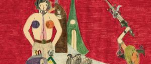 Die undatierte Zeichnung von Peter Wirz zeigt eine Art Madonna, Begräbnismusiker und ein sinkendes Schiff.
