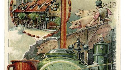 Postkarte, auf der der Weg vom lebenden Schwein zur Wurst illustriert ist.