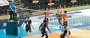 Befremdlich. Pappkameraden schauen beim Volleys-Spiel zu. 