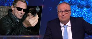 Der Ovinator in der „heute-show“: Kriminaloberkommissar Overbeck (Roland Jankowsky, links) hat einen bekannten Hang zur Selbstüberschätzung. Damit verfügt er über eine der wichtigen Voraussetzungen für eine Zweitkarriere als Social-Media-Star. In der aktuellen „Wilsberg“-Episode beschert ihm das sogar einen Auftritt in Oliver Welkes Satiresendung. 