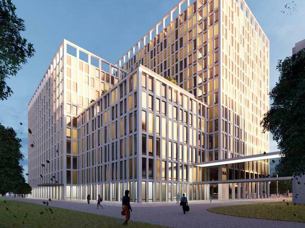 Eine Architekten-Simulation eines dreigliedrigen Hochbaus mit heller Fassade.