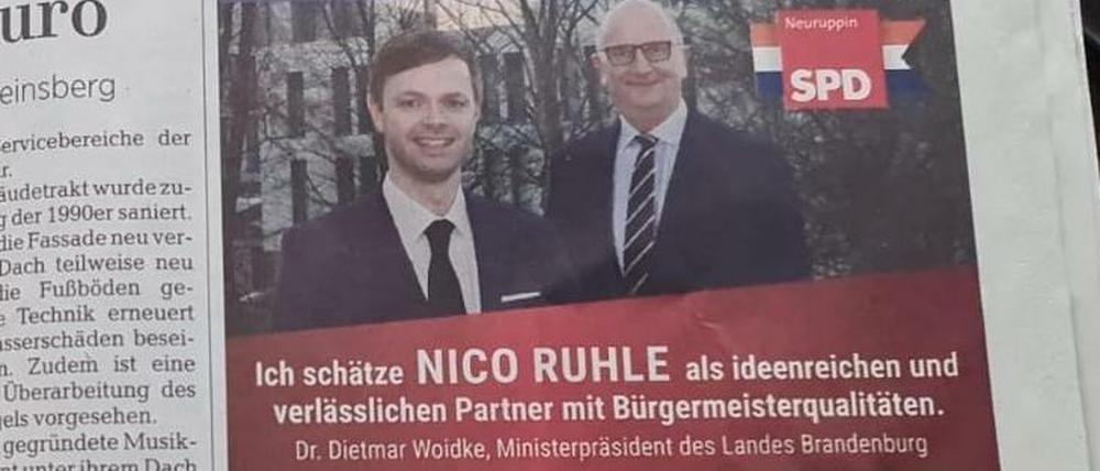 Wahlwerbung der SPD in der Samstagsausgabe der MAZ-Lokalausgabe in Neuruppin.