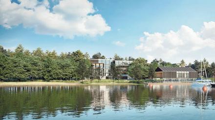 Diesseits von Baum und Raum. Vom Indoor-Spa-Bereich gelangt man direkt in einen Privatpark, wo Bänke und Liegen zum Waldbaden einladen. Das Ufer bleibt öffentlich. 
