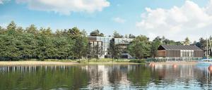 Diesseits von Baum und Raum. Vom Indoor-Spa-Bereich gelangt man direkt in einen Privatpark, wo Bänke und Liegen zum Waldbaden einladen. Das Ufer bleibt öffentlich. 