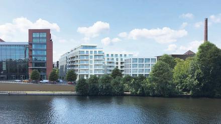 So könnte neben der Verdi-Zentrale (links) aussehen: Das neue Wohnungs- und Büroimmobilienprojekt der Skala Capital City Invest GmbH mit dem Projektnamen Spreeport II. 