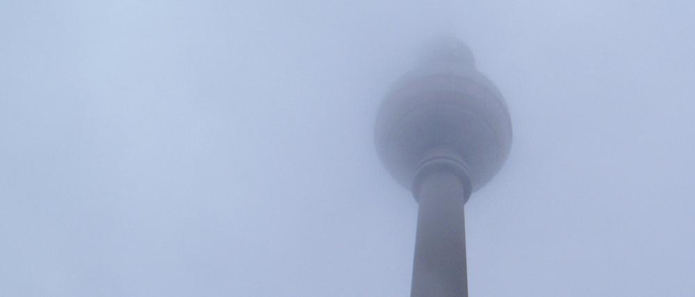 Vögel umkreisen den nebelverhangenen Fernsehturm in Berlin.