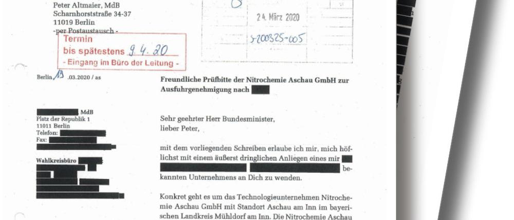 Die Briefe an das Wirtschaftsministerium wurden umfassend geschwärzt.