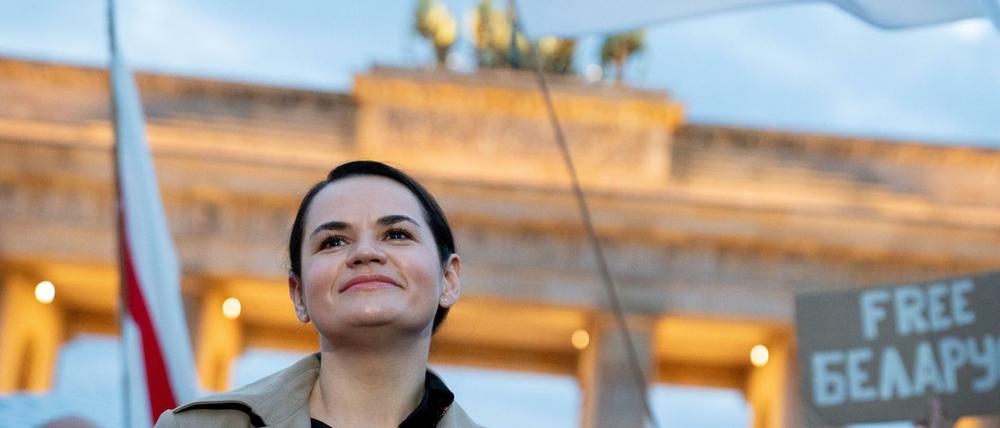  Die Oppositionsführerin Swetlana Tichanowskaja aus Belarus ist zum zweiten Mal in Berlin - hier ein Bild von ihrem Besuch im Oktober.