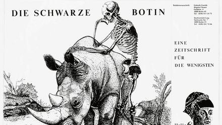Rhinozeros und Reiter. „Die Schwarze Botin“ wirbt für ihren Stand auf der Frankfurter Buchmesse.