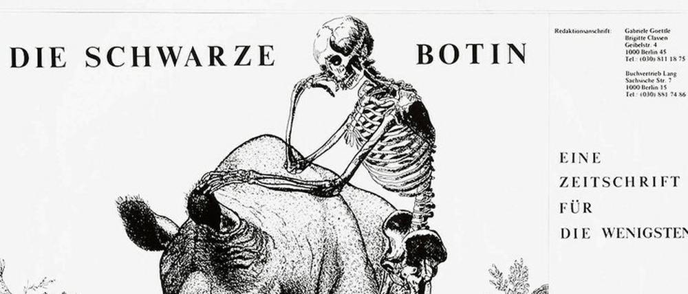 Rhinozeros und Reiter. „Die Schwarze Botin“ wirbt für ihren Stand auf der Frankfurter Buchmesse.