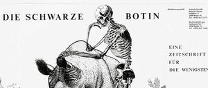 Rhinozeros und Reiter. „Die Schwarze Botin“ wirbt für ihren Stand auf der Frankfurter Buchmesse.