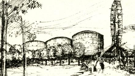 Eine erste Plan-Skizze zum Ernst-Thälmann-Park sieht 1978 den Erhalt der drei Gasometer und ein neues Riesenrad vor.
