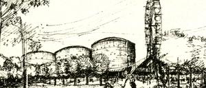 Eine erste Plan-Skizze zum Ernst-Thälmann-Park sieht 1978 den Erhalt der drei Gasometer und ein neues Riesenrad vor.