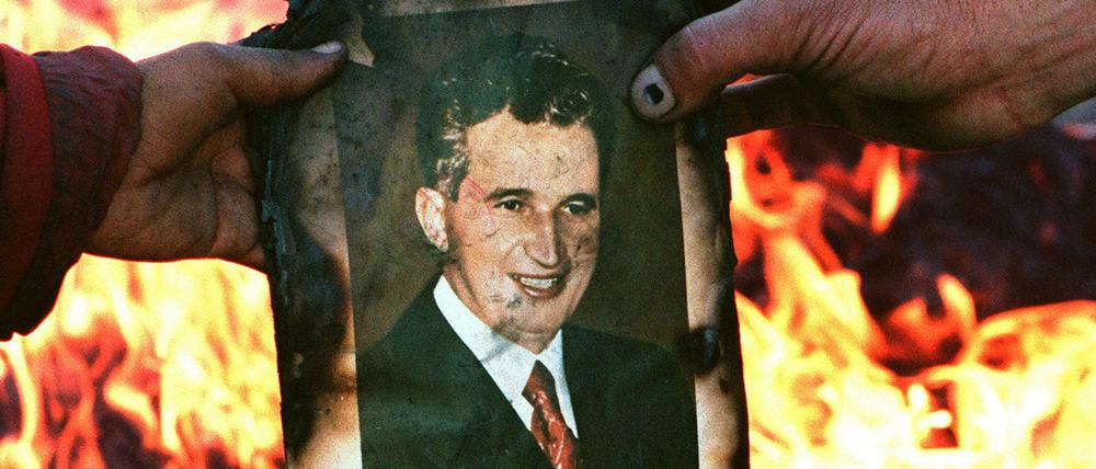 Demonstranten verbrennt das Foto des rumänischen Dikators Nicolae Ceaușescu. Am 25.12.1989 wurde er hingerichtet.