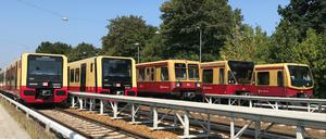 Alle Baureihen vereint in Grünau: Links die beiden neuen Züge 483 und 484. Rechts davon 485, 480 und 481.