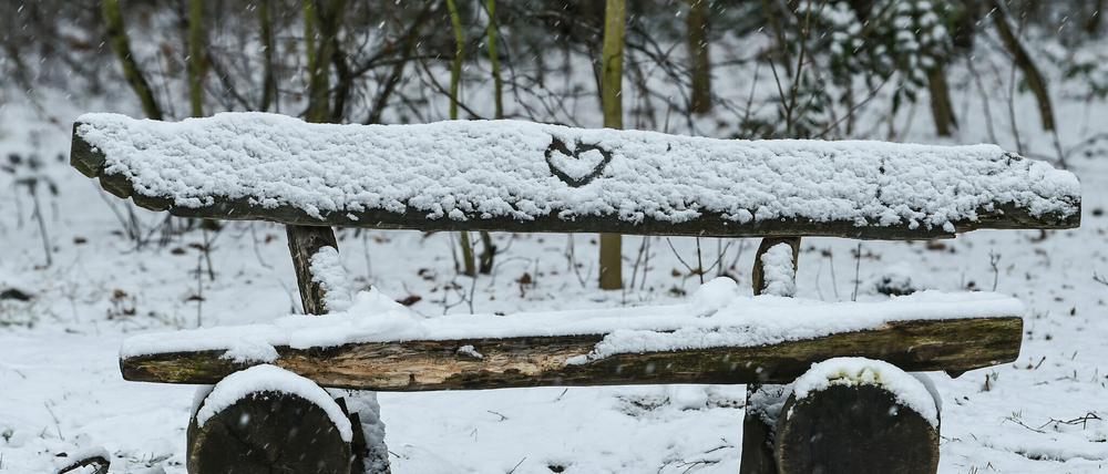Eine Bank im Wald ist mit Schnee bedeckt. In den Schnee ist ein Herz gezeichnet.