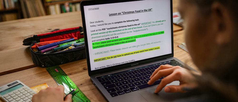 Der Zwölfjährige Gymnasiast Julius löst am Laptop in seinem Zuhause seine Schulaufgaben, die ihm seine Lehrer für jeden Tag über den Schulserver geschickt haben.