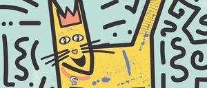 Mit Basquiat-Krone. Graffitikatze vor Pop- Art-Design à la Keith Haring.