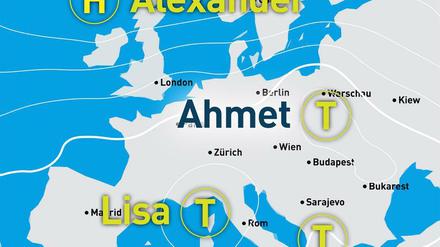 Neues deutsches Wetter: Übers nördliche Mitteleuropa legt sich Tief Ahmet.