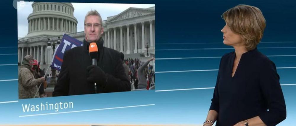 "heute-journal"-Moderatorin Marietta Slomka schaltete am Mittwochabend zu Elmar Theveßen nach Washington zum Kapitol. Das ZDF-Magazin erreichte neun Millionen Zuschauer.