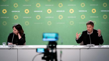 Digitales Duo: Annalena Baerbock oder Robert Habeck auf der Jahresauftakt-Pressekonferenz der Grünen.