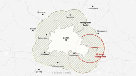 Von den hier abgebildeten äußeren Rändern ist man immer 15 Kilometer Luftlinie zur Stadtgrenze entfernt
