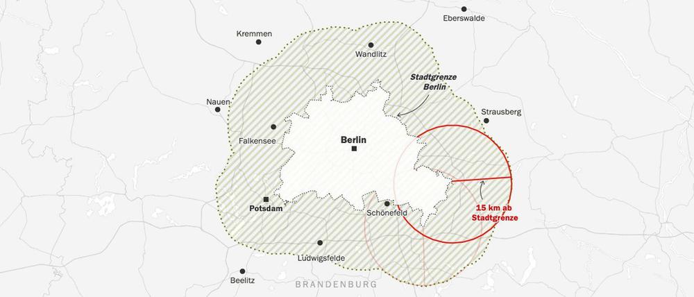 Von den hier abgebildeten äußeren Rändern ist man immer 15 Kilometer Luftlinie zur Stadtgrenze entfernt