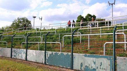 Die mit Unkraut überwucherte Stehtribüne im Sportforum Hohenschönhausen (Archivbild).