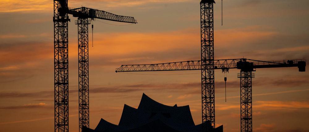 Die Kräne verschiedener Baustellen in der Hamburger Hafencity