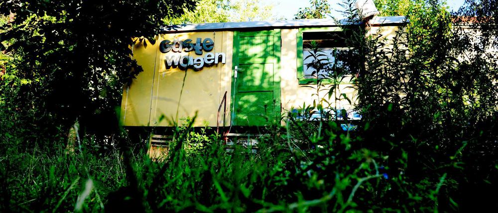 Der Gästewagen einer Berliner Bauwagensiedlung steht im Grünen.