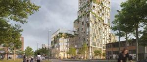 Rekord: Mit 98 Metern entsteht an der Schöneberger Straße das höchste Haus aus Holz Deutschlands.