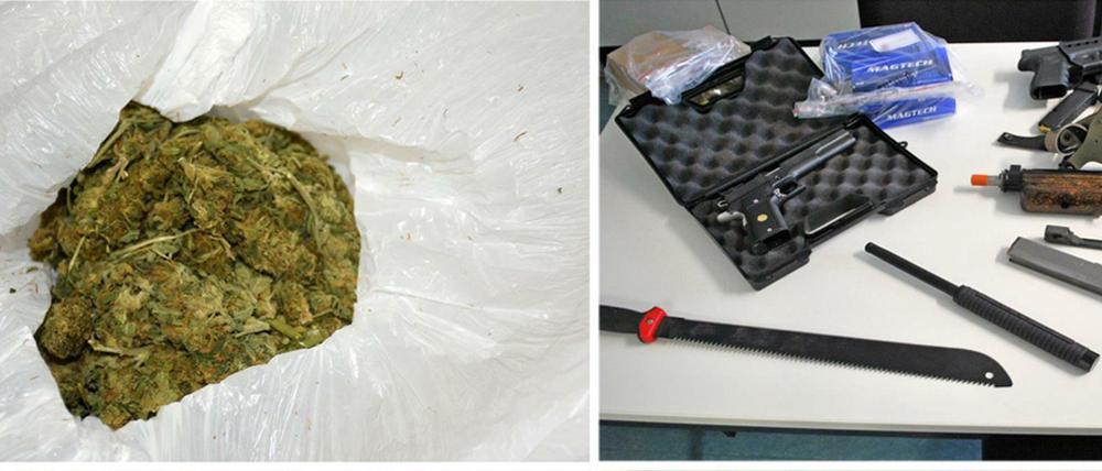 Die Ermittler fanden unter anderem 55 Kilogramm Marihuana, Amphetamin und Kokain, mehrere Pistolen und Bargeld.
