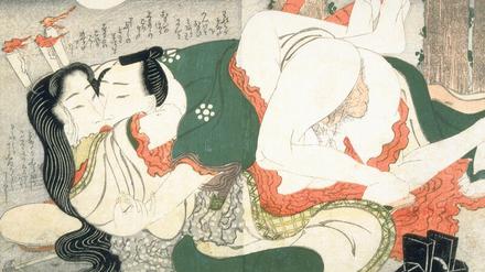 Freuden einer abendlichen Begegnung. Ein Blatt des für seine erotischen Darstellungen berühmten japanischen Malers Keisai Eisen aus der späten Edo-Zeit.