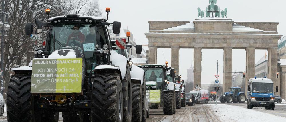 Die Traktoren der Initiative "Land schafft Verbindung" am Dienstag in Berlin-Mitte. Sie sympathisieren mit den "Freien Bauern".