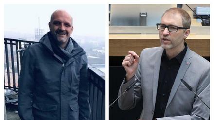 Links Stephan Machulik auf dem Rathausturm, rechts Daniel Buchholz im Abgeordnetenhaus.