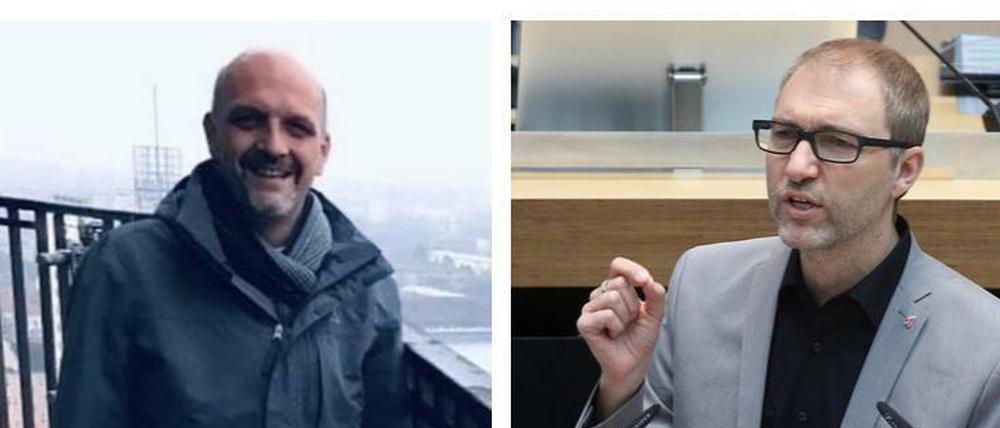 Links Stephan Machulik auf dem Rathausturm, rechts Daniel Buchholz im Abgeordnetenhaus.
