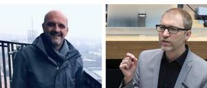 Links Stephan Machulik auf dem Rathausturm, rechts Daniel Buchholz im Abgeordnetenhaus.