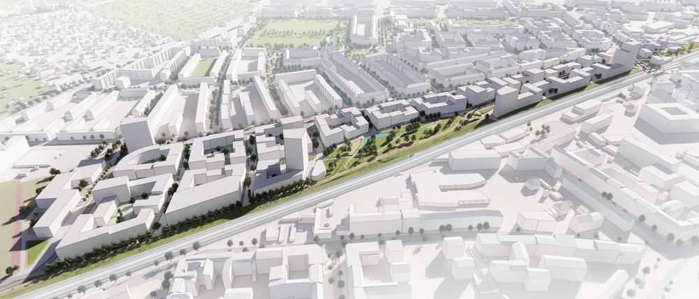 Der Entwurf von Nöfer Gesellschaft von Architekten mbH, CSKA l Christoph Kohl Stadtplaner Architekten, Fugmann Janotta Partner Landschaftsarchitekten, STADT+VERKEHR Ingenieurbüro Terfort, Buro Happold.