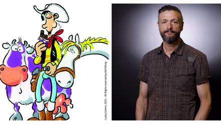 Lucky Luke samt Gefährten, gezeichnet von Ralf König (rechts).