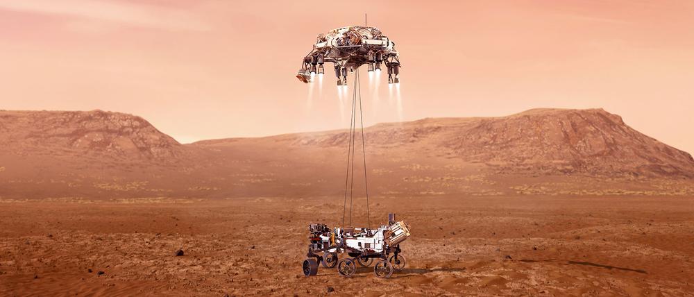 Die letzten Meter der langen Reise zum Mars wird die kleinwagengroße Sonde abgeseilt werden – von einem in der dünnen Marsatmosphäre schwebenden Kran. Anschließend kann der Roboter mit seinem umfangreichen Untersuchungsprogramm beginnen