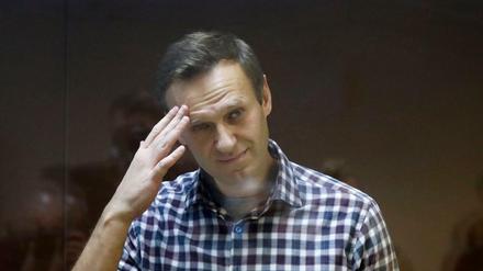 Oppositionsführer Alexej Nawalny steht in einem Käfig im Babuskinsky Bezirksgericht.
