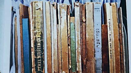 Zahn der Zeit. Regal im Stabi-Magazin mit Büchern der Displaced Persons.