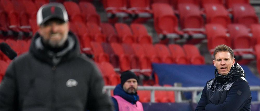 Im Hinspiel setzte sich Gast Liverpool (l. Jürgen Klopp) bei "Gastgeber" Leipzig (r. Julian Nagelsmann) durch. Das Spiel fand in Budapest statt.