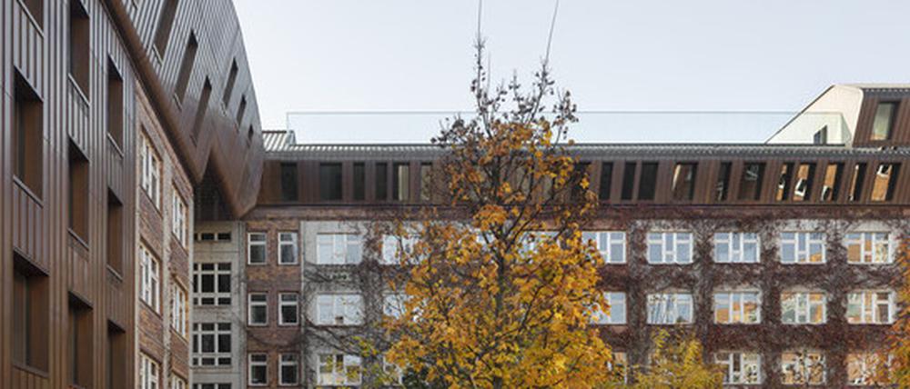 Die Kupferverkleidung der Dachaufbauten gleicht sich farblich an die Ziegelästhetik des Bestandes an. Der Bau „fließt“ in einem Guss quasi vom Dach bis auf die Straße hinunter.