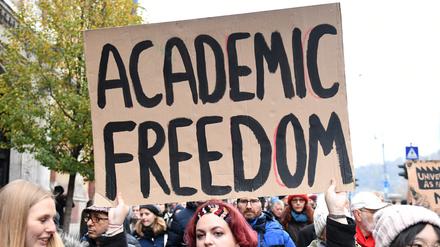 Menschen in Ungarn demonstrieren 2018 für die Freiheit der Wissenschaft.